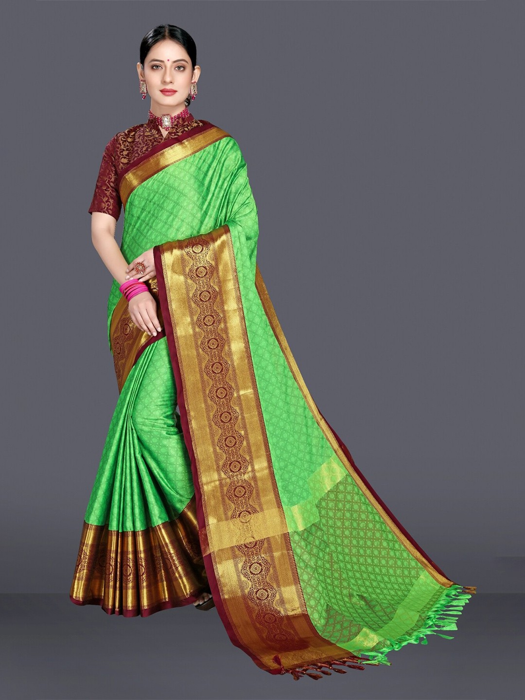 

M M Venture Green & Maroon Woven Design Zari Pure Cotton Dharmavaram Saree