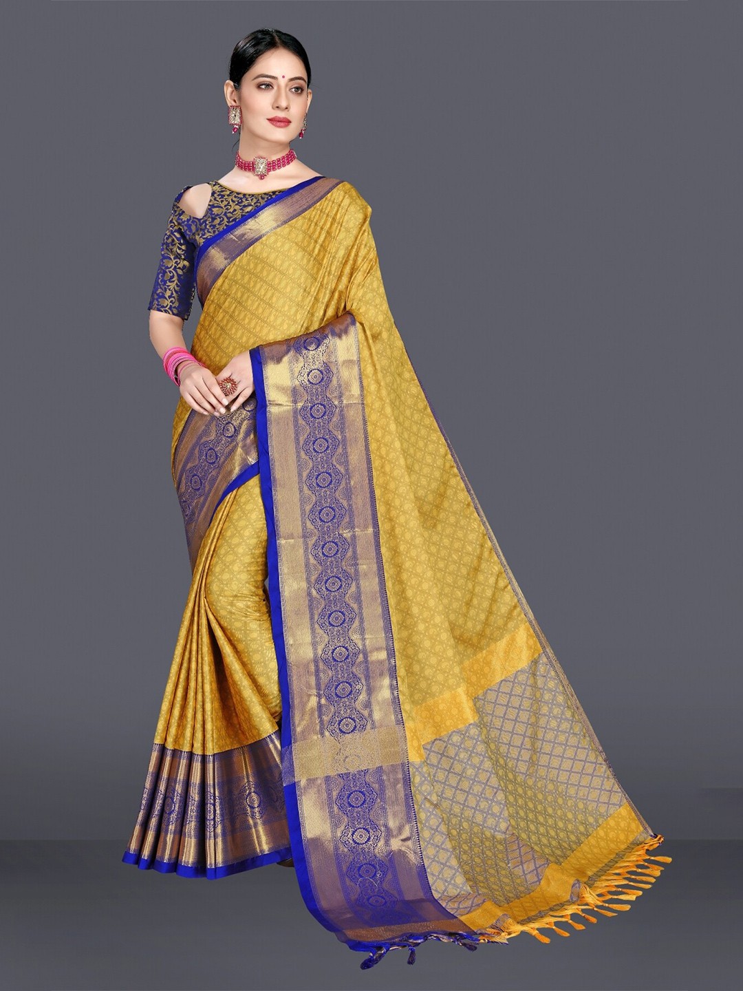 

M M Venture Yellow & Blue Woven Design Zari Pure Cotton Dharmavaram Saree