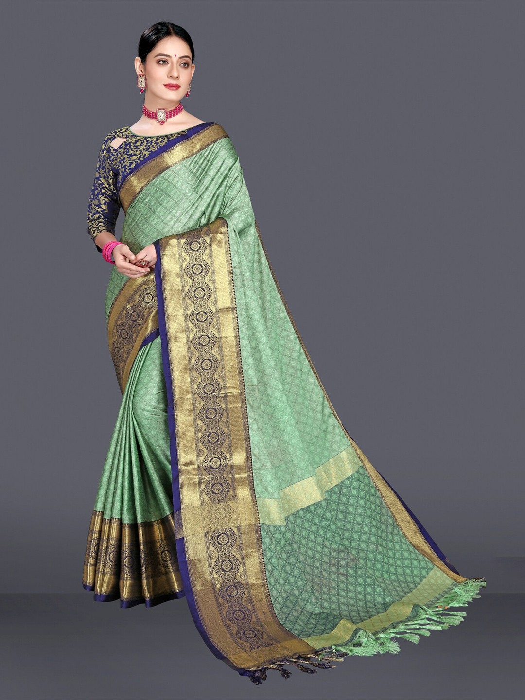 

M M Venture Olive Green & Blue Woven Design Zari Pure Cotton Dharmavaram Saree