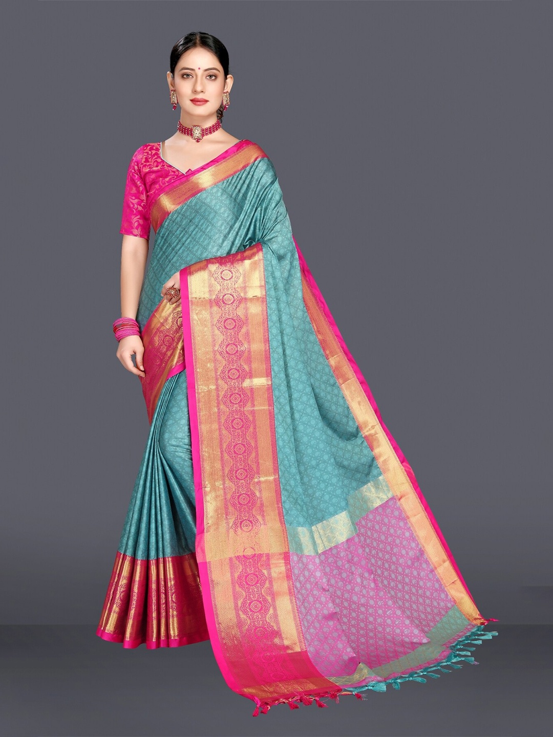 

M M Venture Blue & Pink Woven Design Zari Pure Cotton Dharmavaram Saree