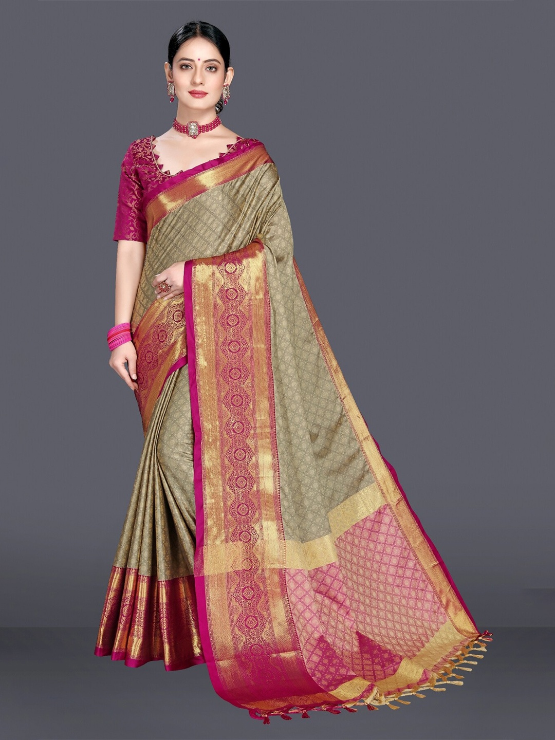 

M M Venture Beige & Pink Woven Design Zari Pure Cotton Dharmavaram Saree