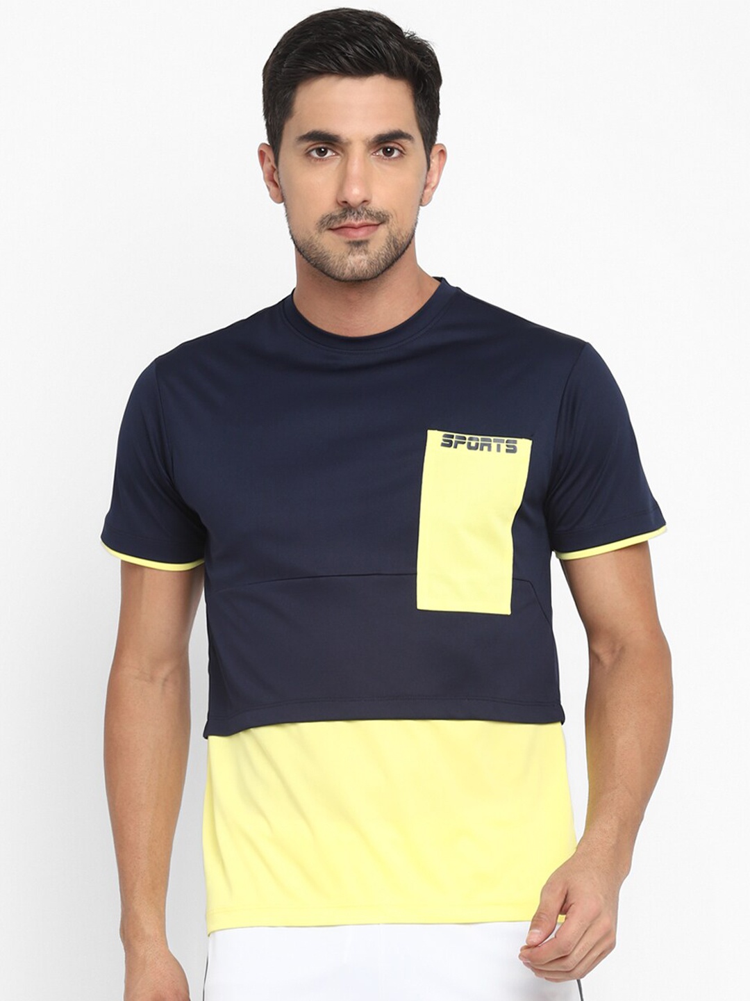 

OFF LIMITS Men Navy Blue & Yellow Colourblocked Regular Fit T-shirt