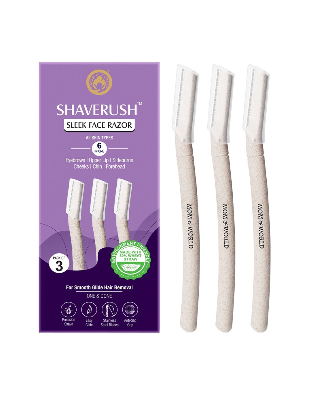 

Mom & World Women Set of 3 ShaveRush 6-in-1 Sleek Face Razor, White