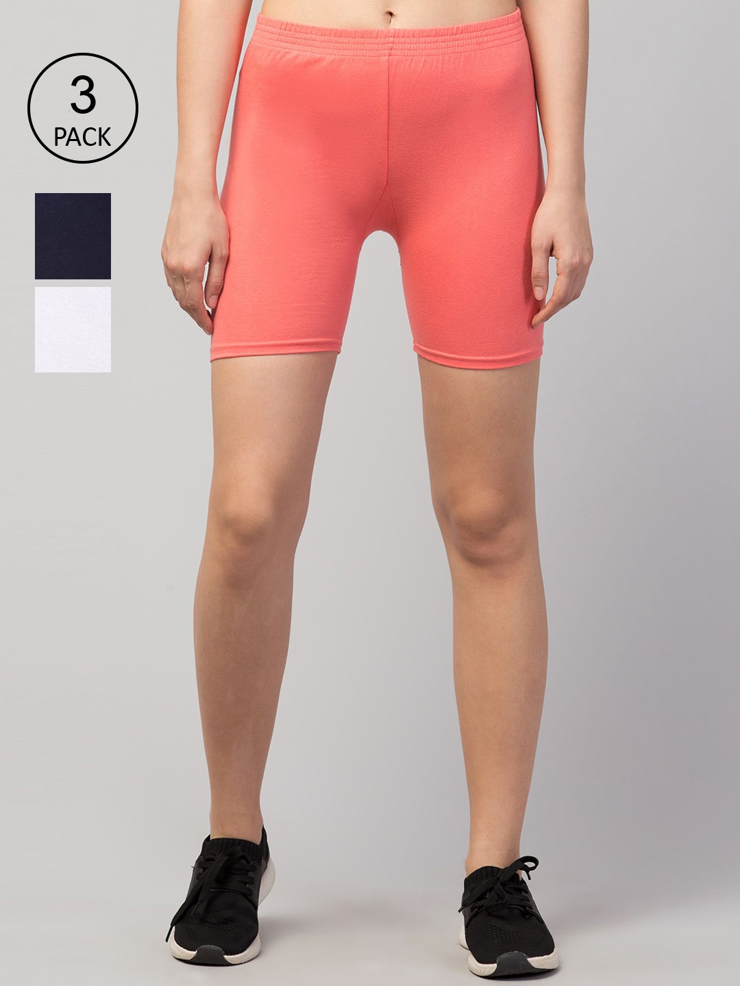 

Apraa & Parma Women Pack of 3 Coral & Navy Blue Skinny Fit Cycling Sports Shorts