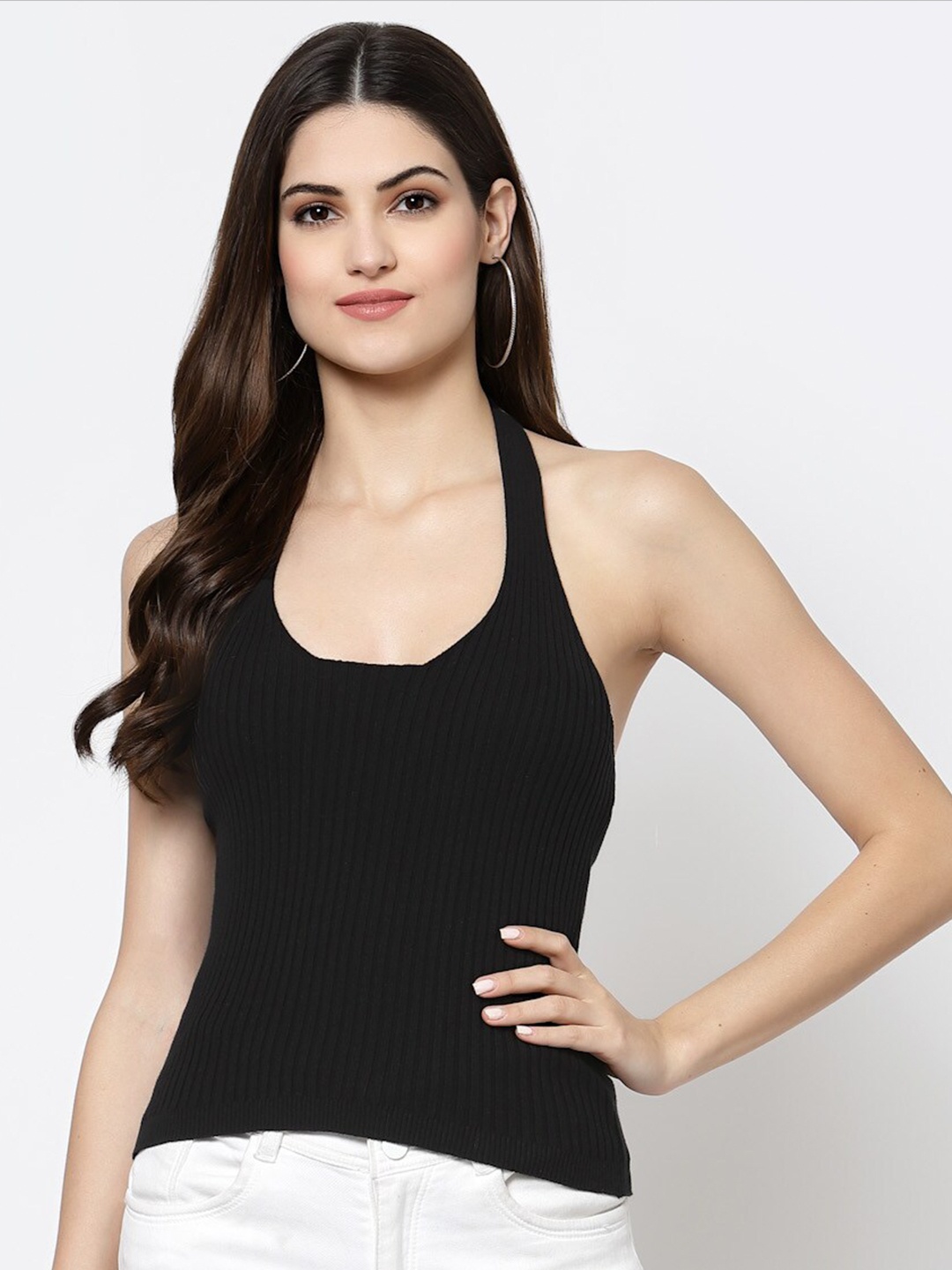 

Kalt Women Black Halter Neck Knitted Ribbed Cotton Top