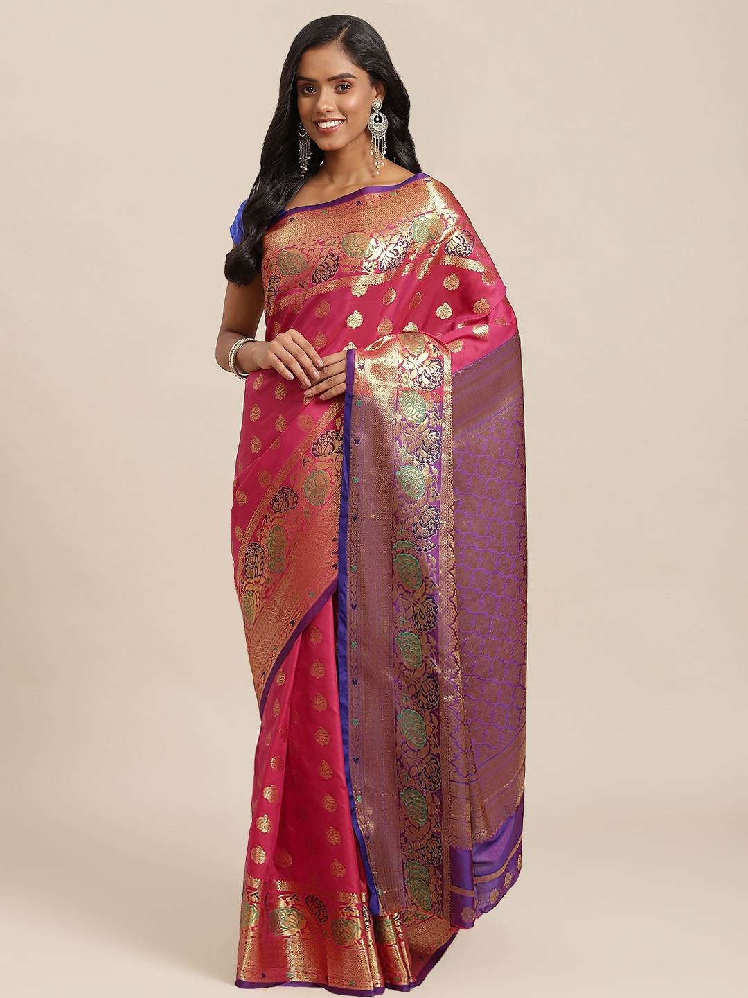 

SHOPGARB Pink & Purple Ethnic Motifs Zari Woven Design Banarasi Saree