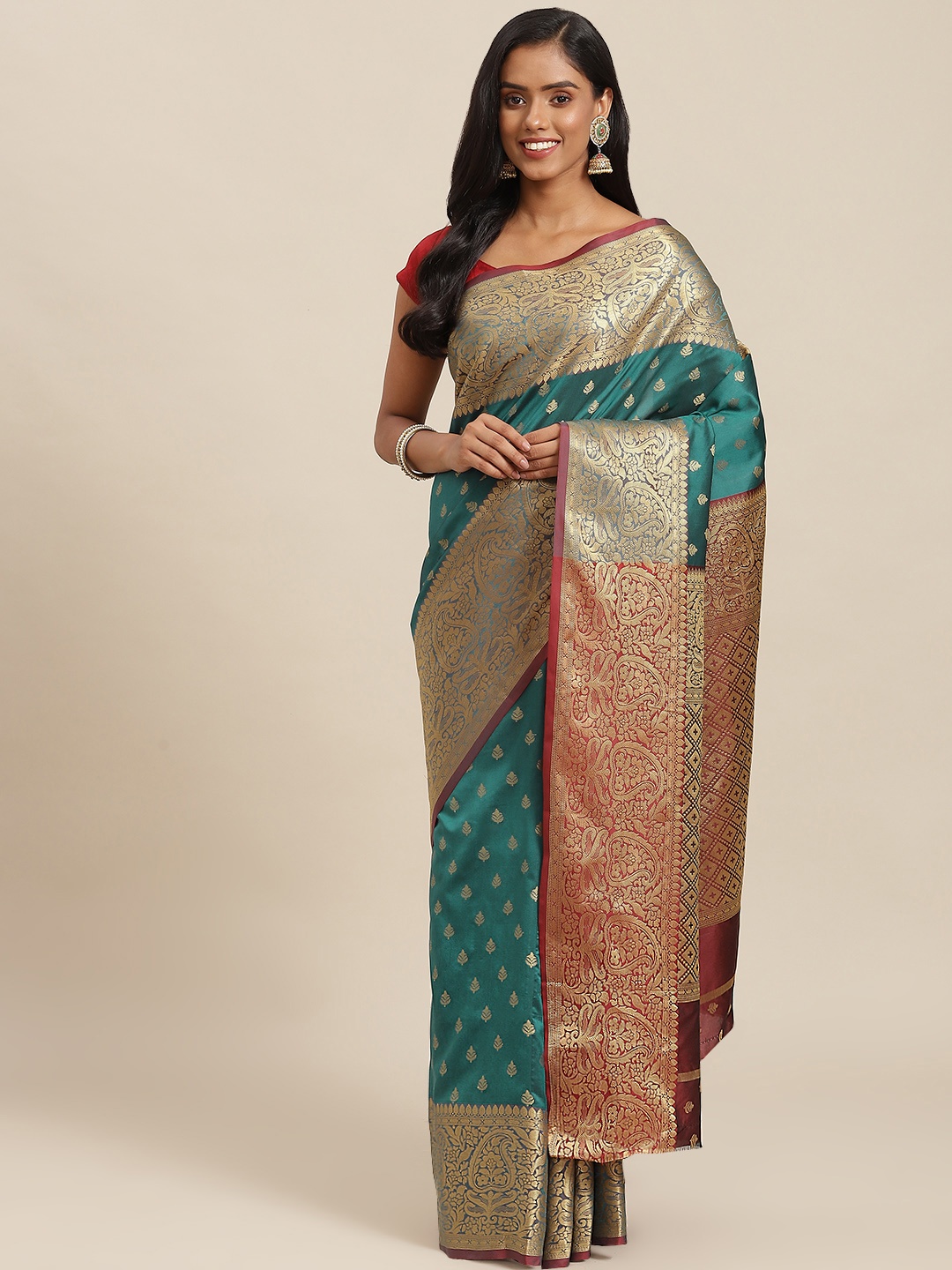 

SHOPGARB Blue & Brown Ethnic Motifs Zari Woven Design Banarasi Saree