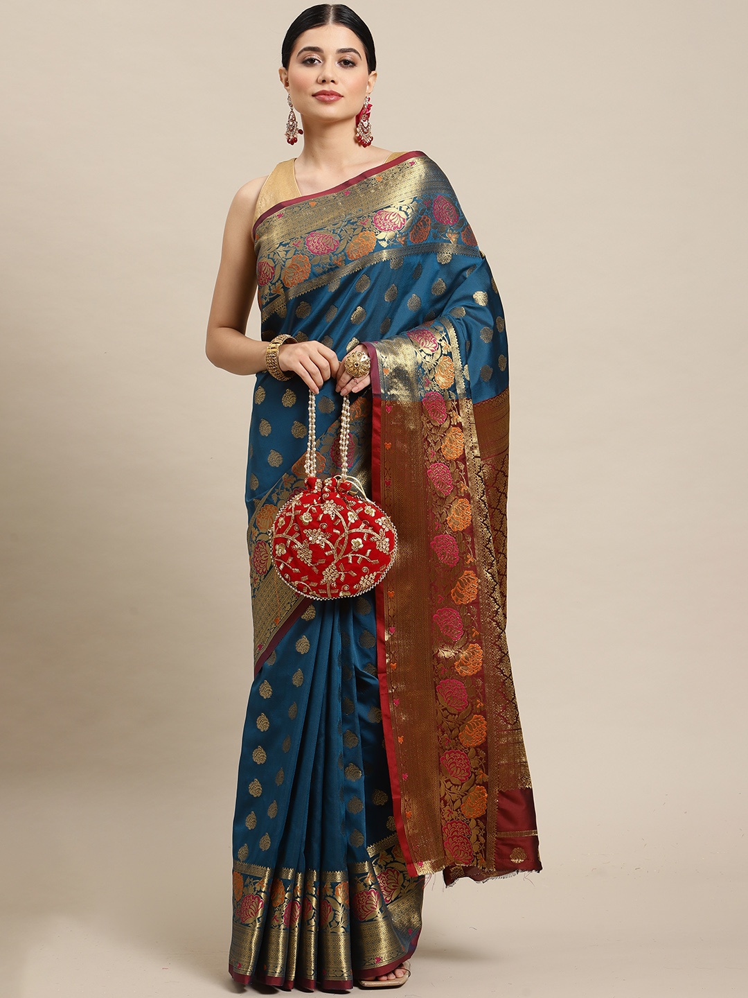 

SHOPGARB Teal Blue & Maroon Ethnic Motifs Zari Silk Blend Banarasi Saree