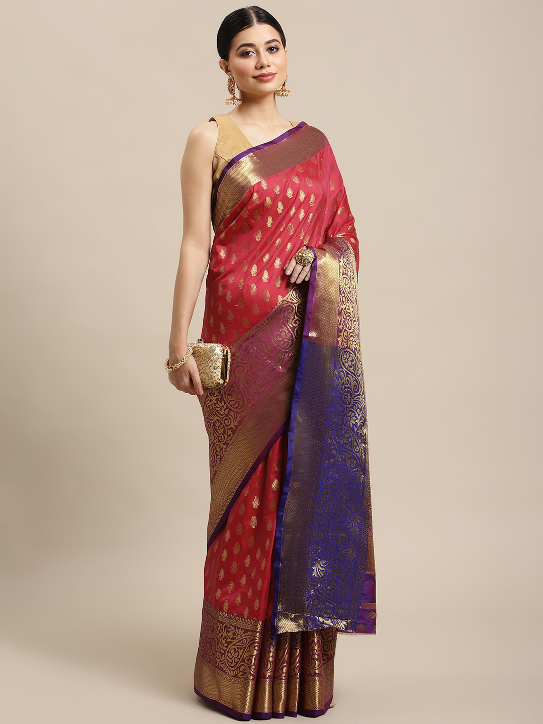 

SHOPGARB Fuchsia Pink & Purple Ethnic Motifs Zari Silk Blend Banarasi Saree