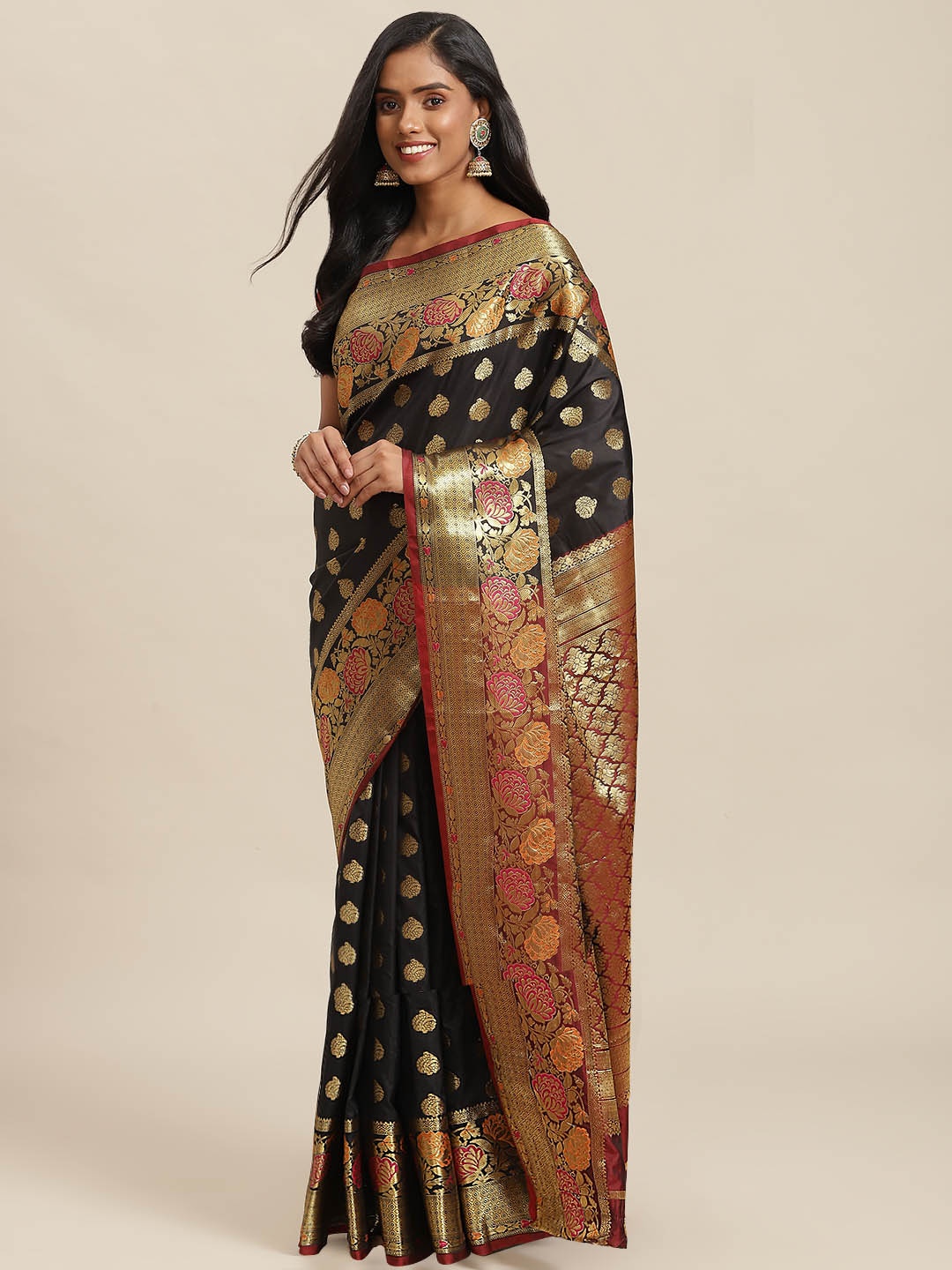 

SHOPGARB Black & Maroon Ethnic Motifs Zari Woven Design Banarasi Saree