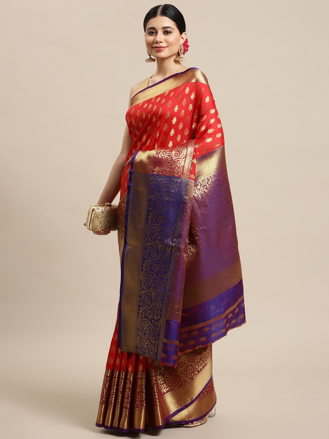 

SHOPGARB Red & Purple Ethnic Motifs Zari Silk Blend Banarasi Saree