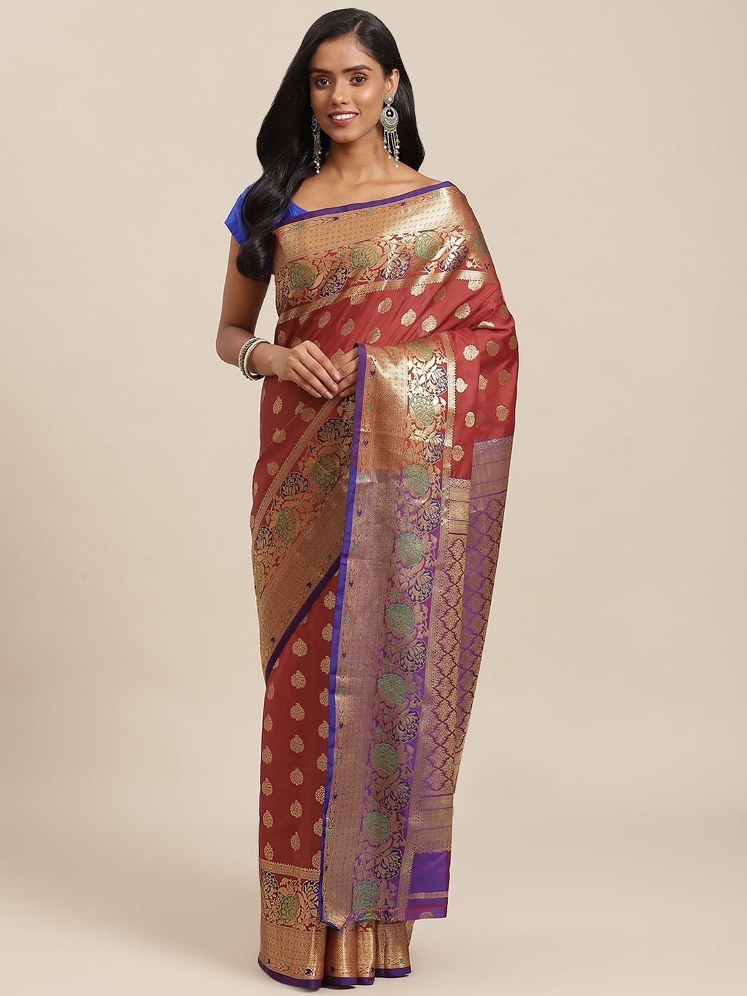 

SHOPGARB Maroon & Purple Ethnic Motifs Zari Woven Design Banarasi Saree