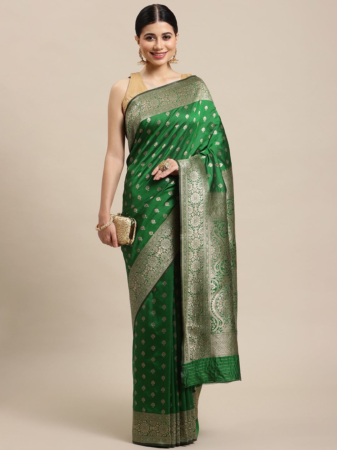 

SHOPGARB Green & Golden Ethnic Motifs Zari Woven Design Banarasi Saree