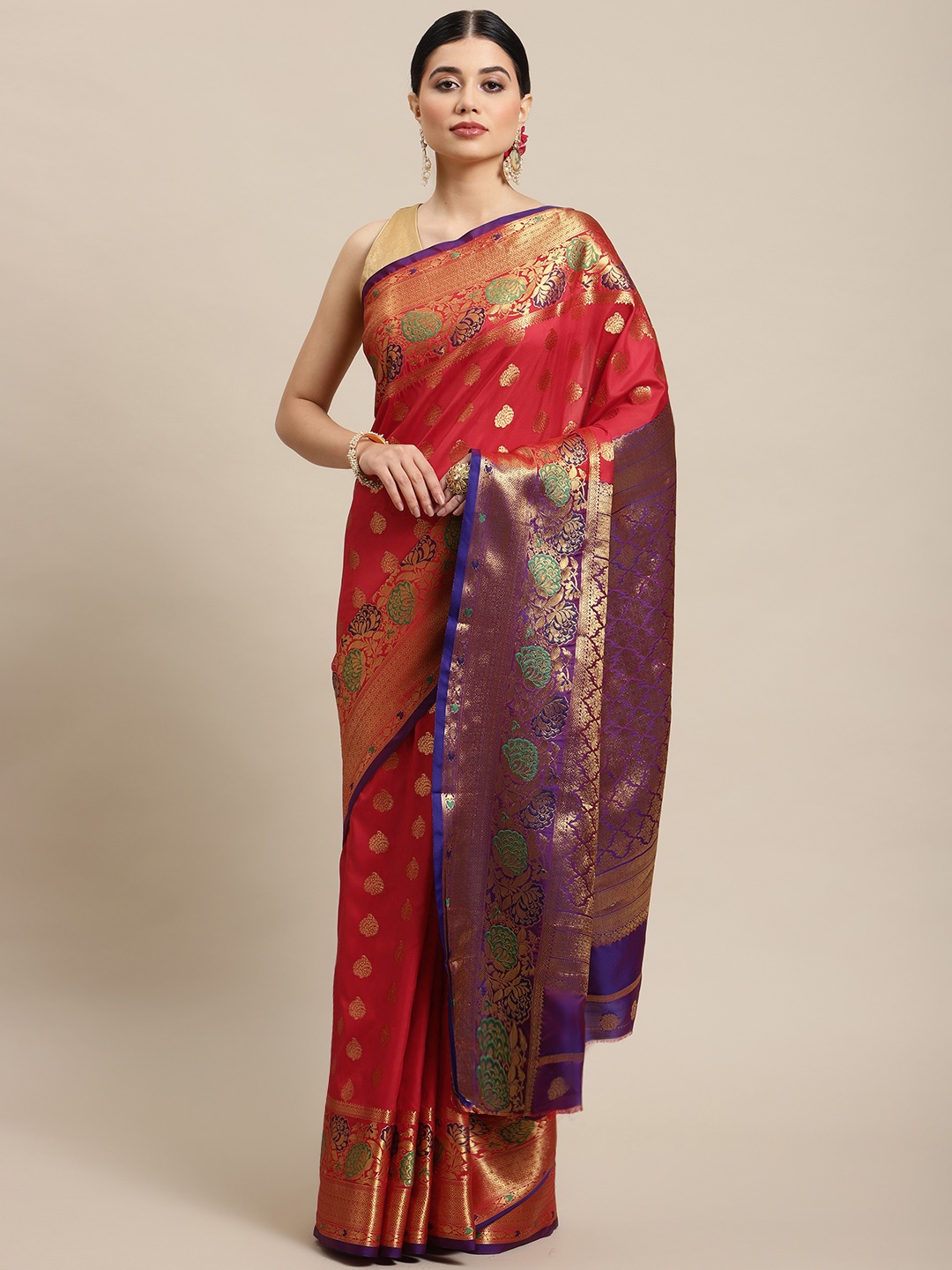 

SHOPGARB Red & Purple Ethnic Motifs Zari Silk Blend Banarasi Saree