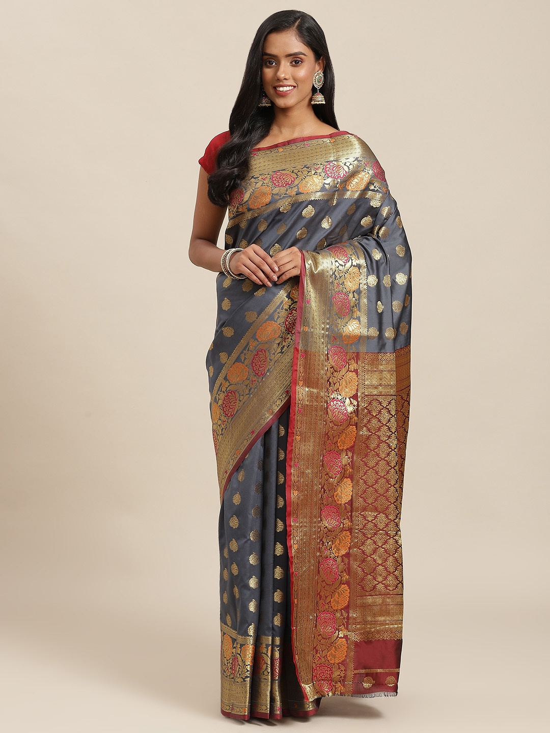 

SHOPGARB Charcoal Grey & Maroon Ethnic Motifs Zari Woven Design Banarasi Saree