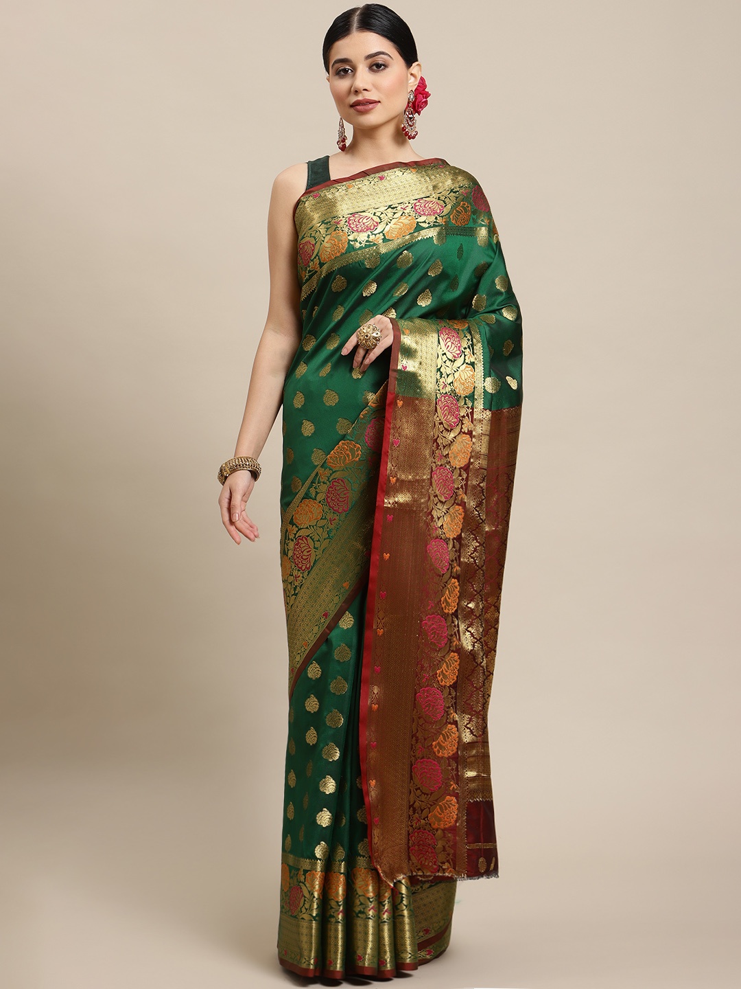 

SHOPGARB Green & Maroon Ethnic Motifs Zari Silk Blend Banarasi Saree