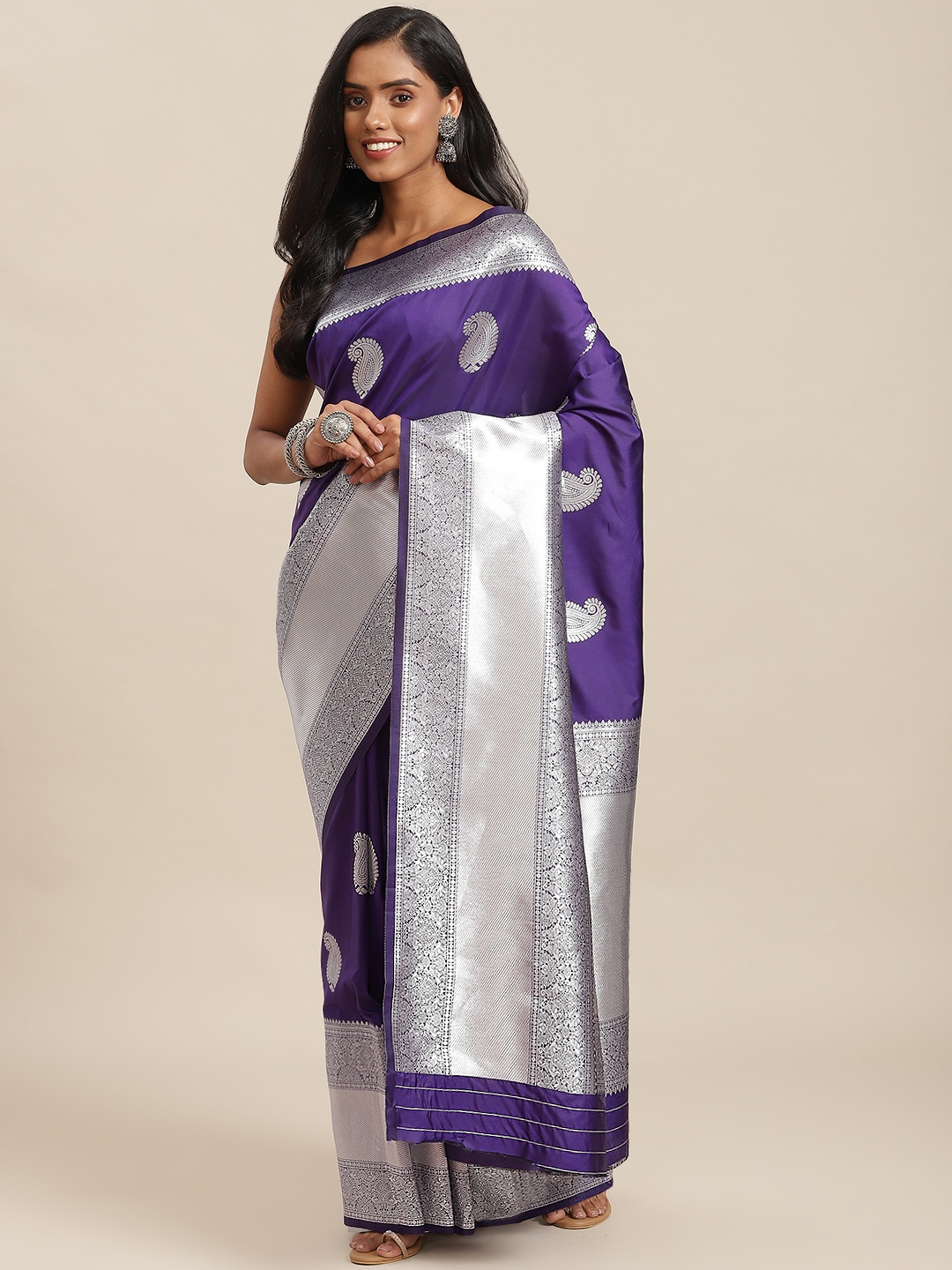 

SHOPGARB Purple & Silver Ethnic Motifs Zari Woven Design Banarasi Saree
