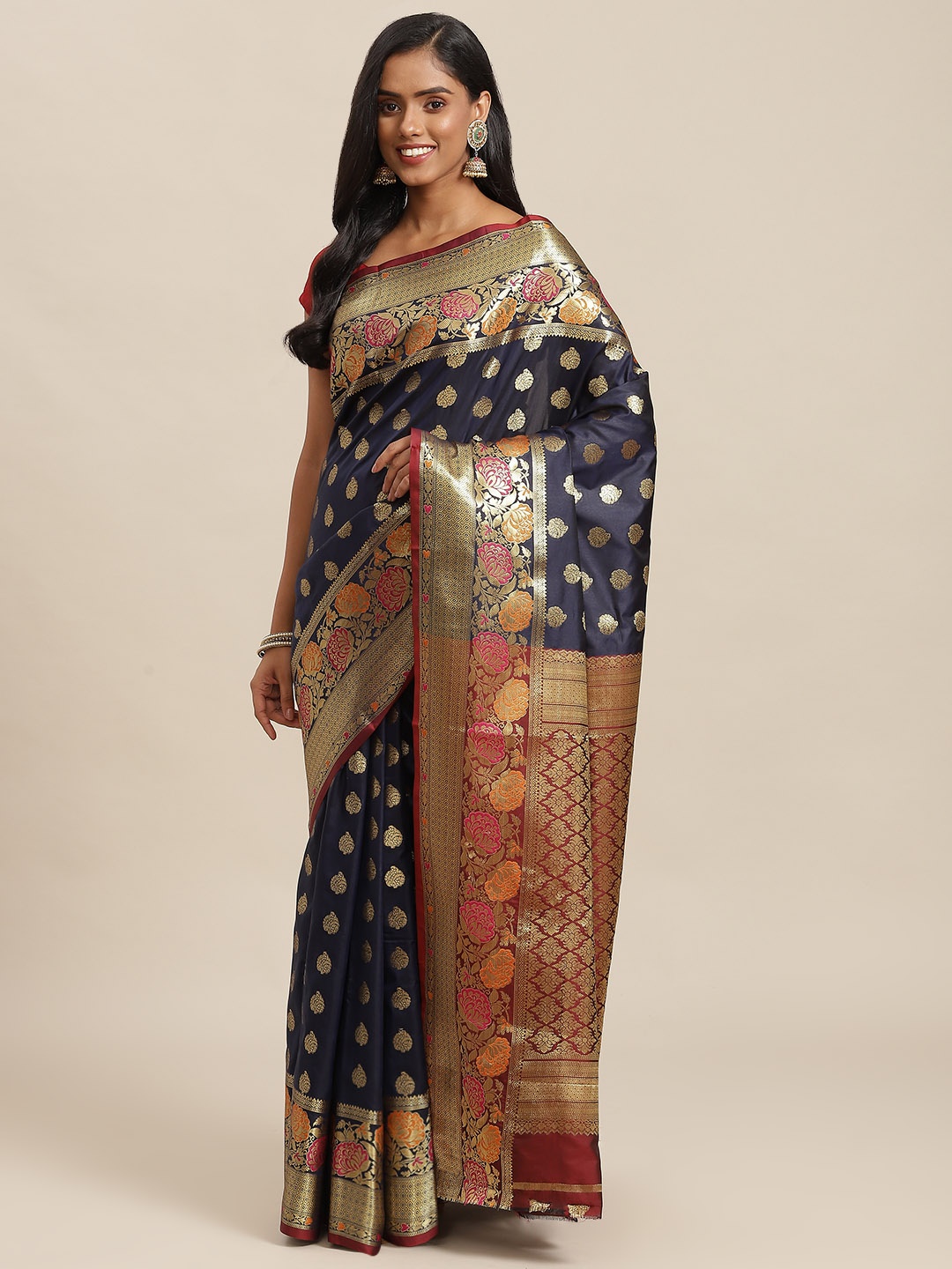

SHOPGARB Navy Blue & Brown Ethnic Motifs Zari Woven Design Banarasi Saree