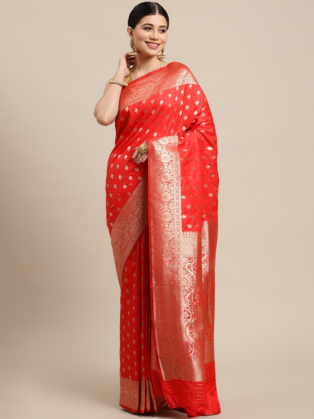 

SHOPGARB Red & Golden Ethnic Motifs Zari Woven Design Banarasi Saree