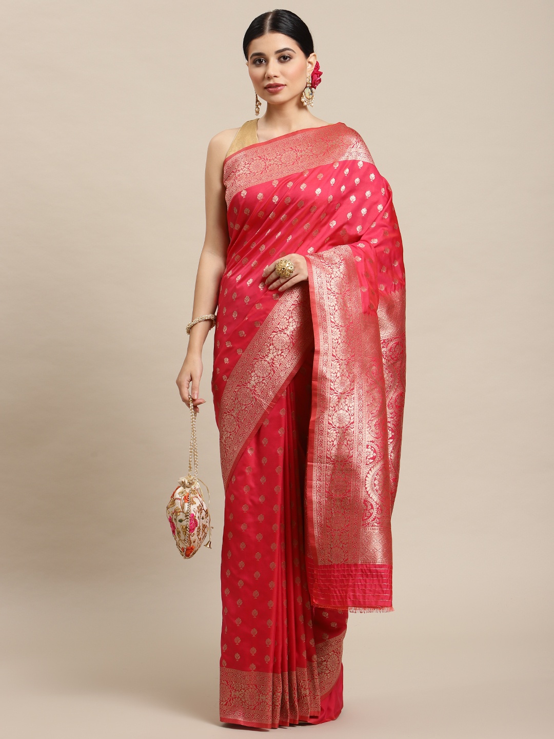 

SHOPGARB Pink & Golden Ethnic Motifs Zari Silk Blend Banarasi Saree