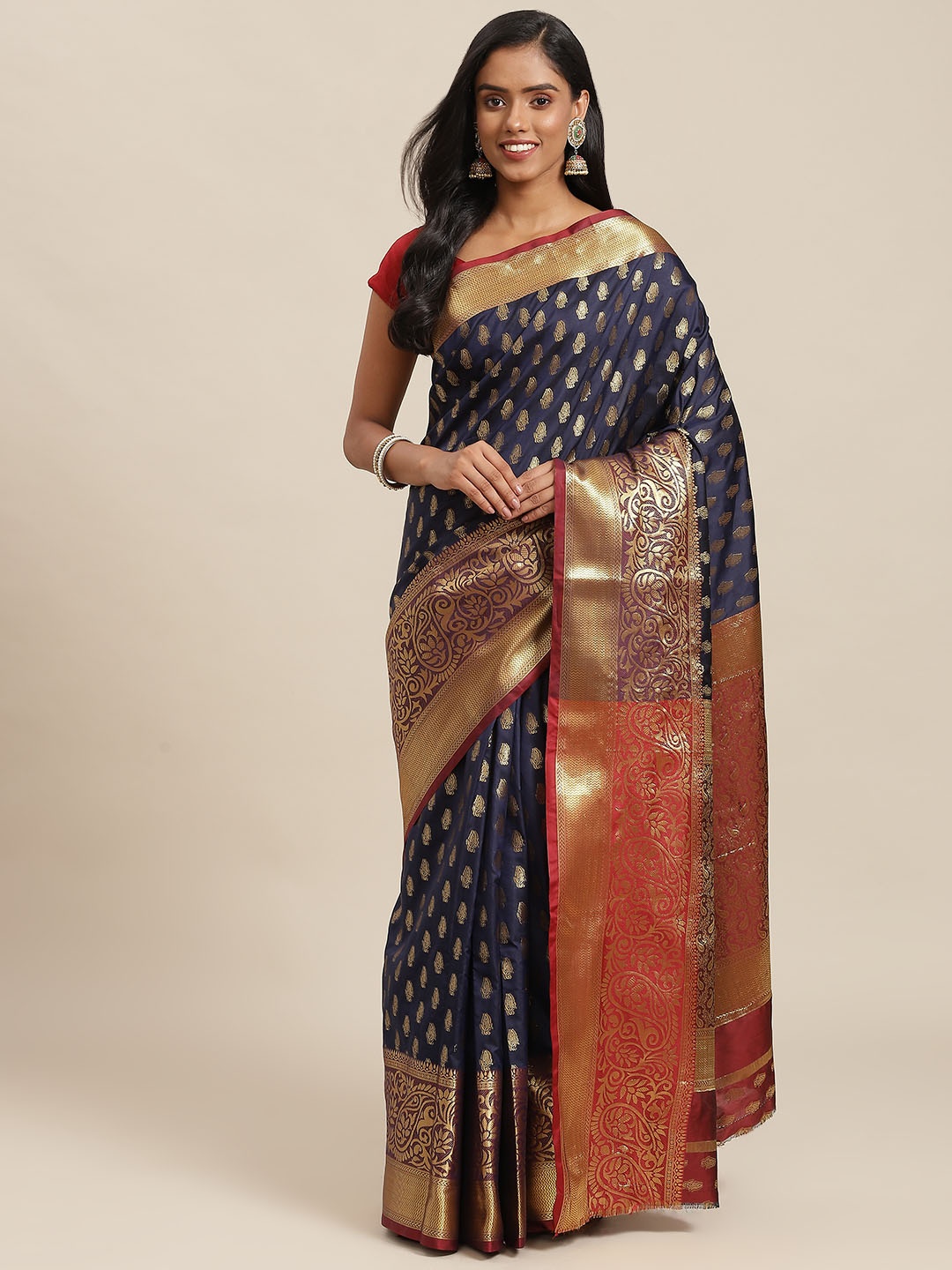 

SHOPGARB Navy Blue & Maroon Ethnic Motifs Zari Woven Design Banarasi Saree