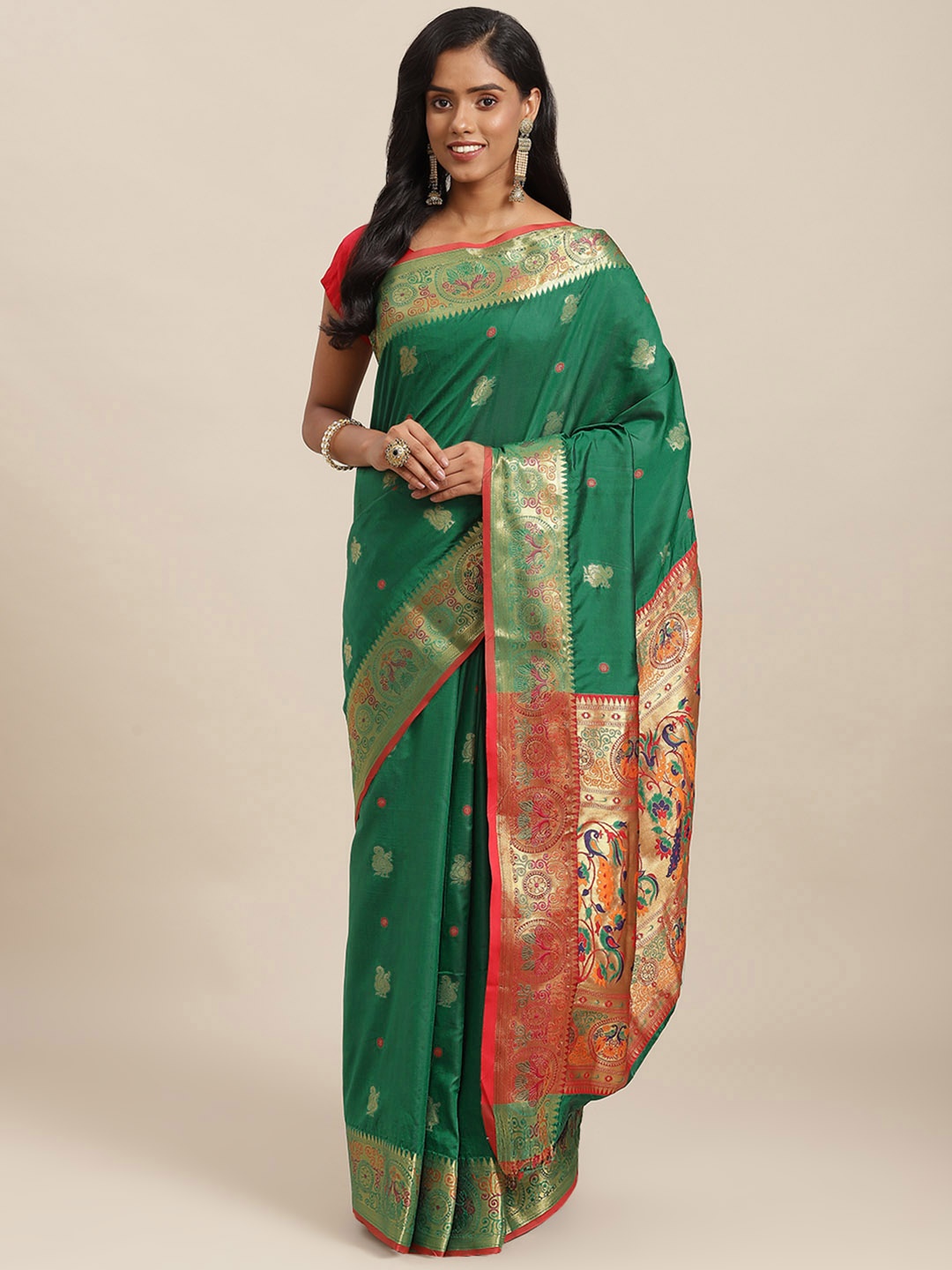 

SHOPGARB Green & Maroon Ethnic Motifs Zari Woven Design Banarasi Saree