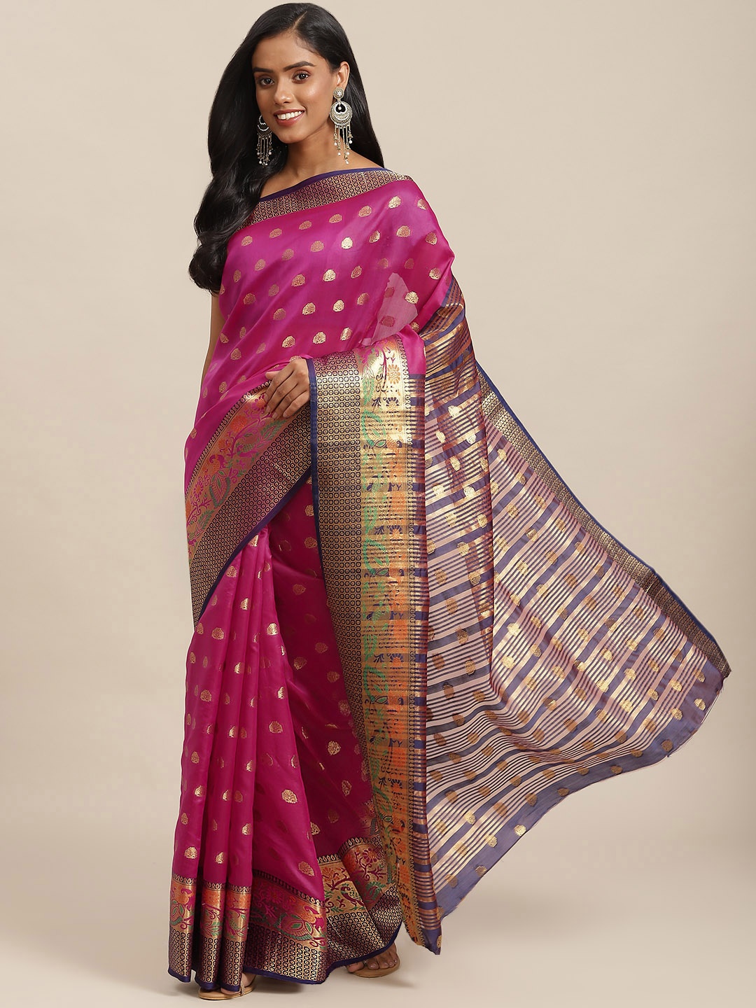 

SHOPGARB Pink & Navy Blue Ethnic Motifs Zari Woven Design Banarasi Saree