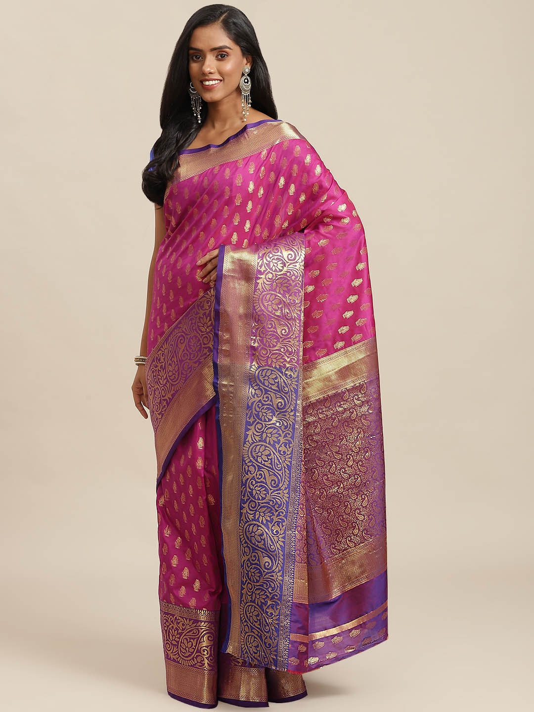 

SHOPGARB Purple & Pink Ethnic Motifs Zari Woven Design Banarasi Saree