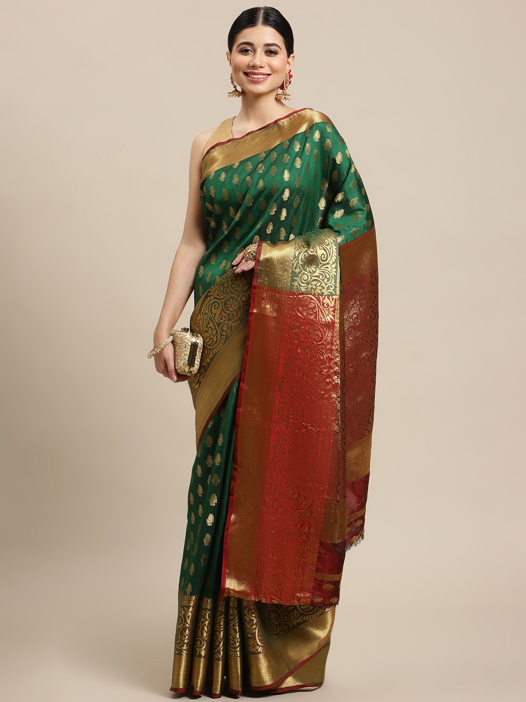 

SHOPGARB Green & Maroon Ethnic Motifs Zari Silk Blend Banarasi Saree