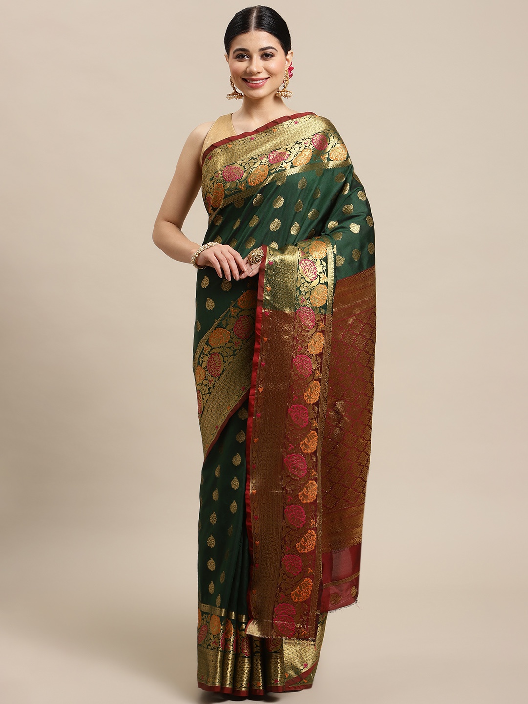 

SHOPGARB Green & Maroon Ethnic Motifs Zari Silk Blend Banarasi Saree