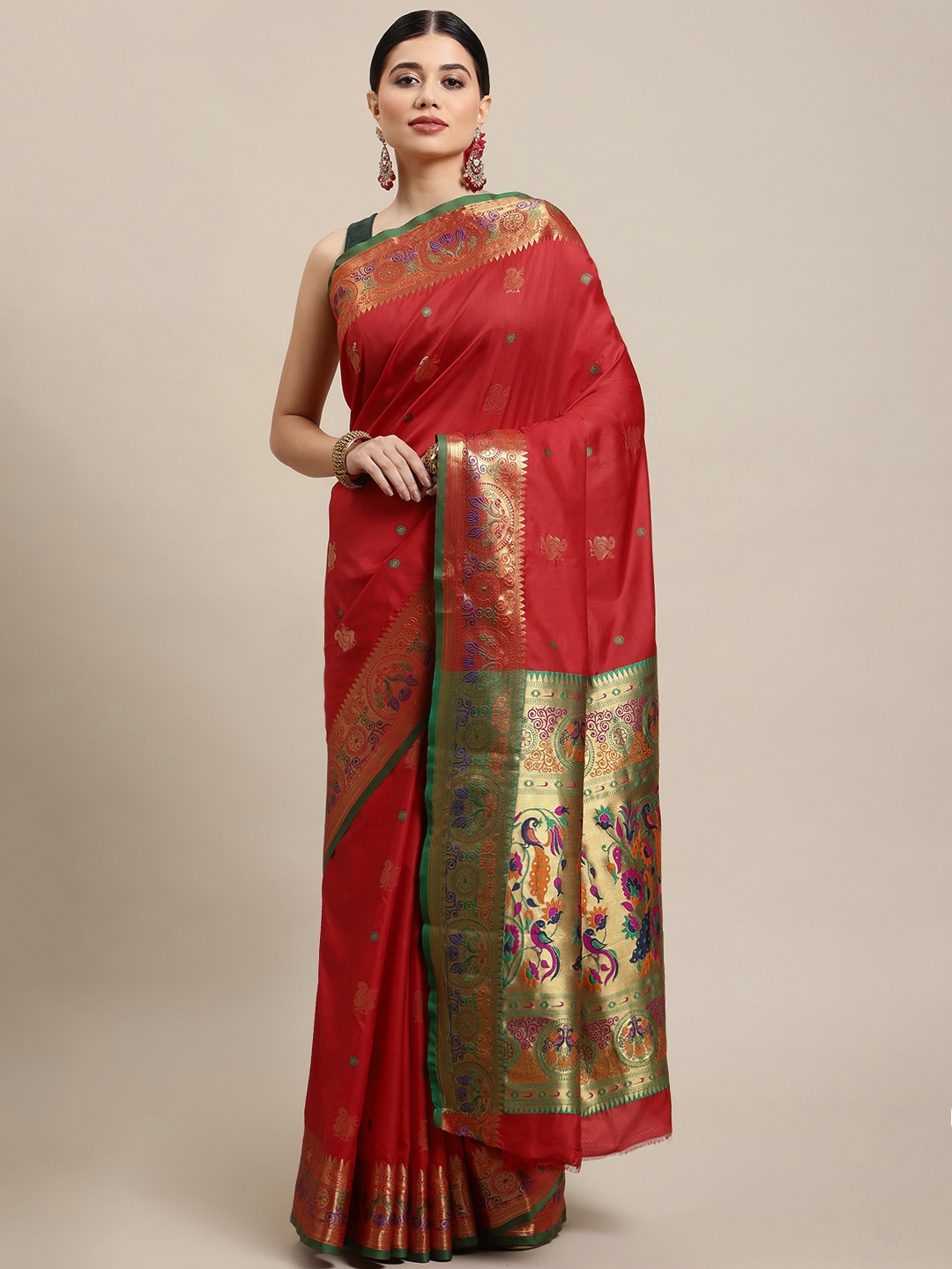 

SHOPGARB Red & Golden Ethnic Motifs Zari Silk Blend Banarasi Saree