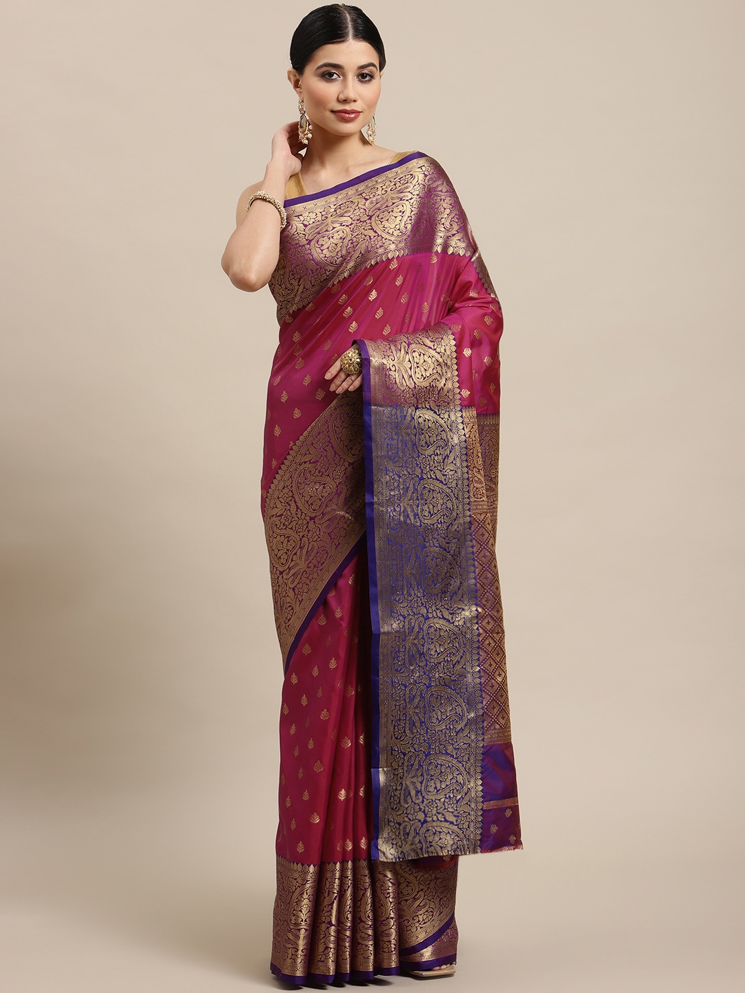 

SHOPGARB Pink & Purple Ethnic Motifs Zari Woven Design Banarasi Saree