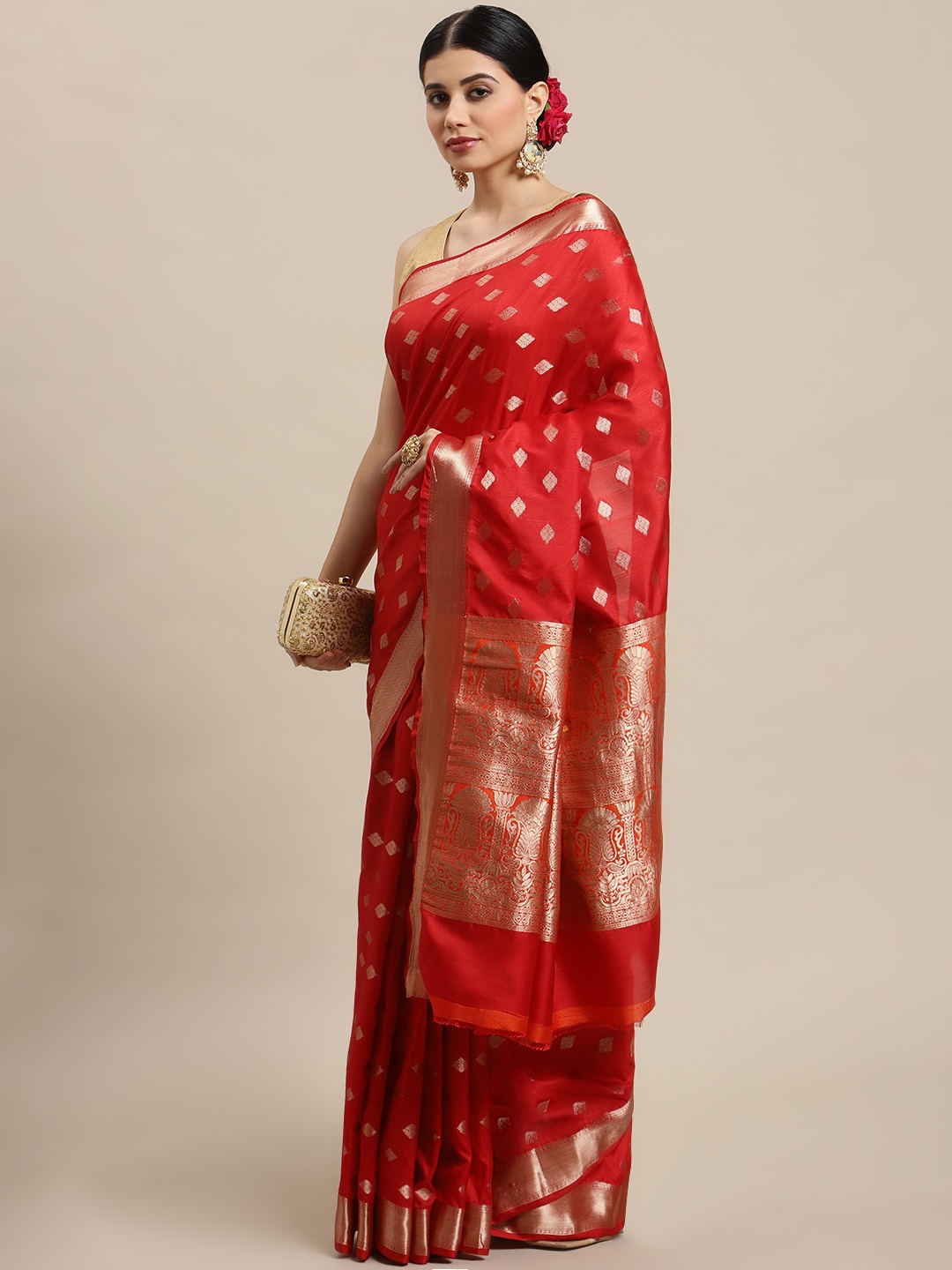 

SHOPGARB Red & Golden Ethnic Motifs Zari Silk Blend Banarasi Saree