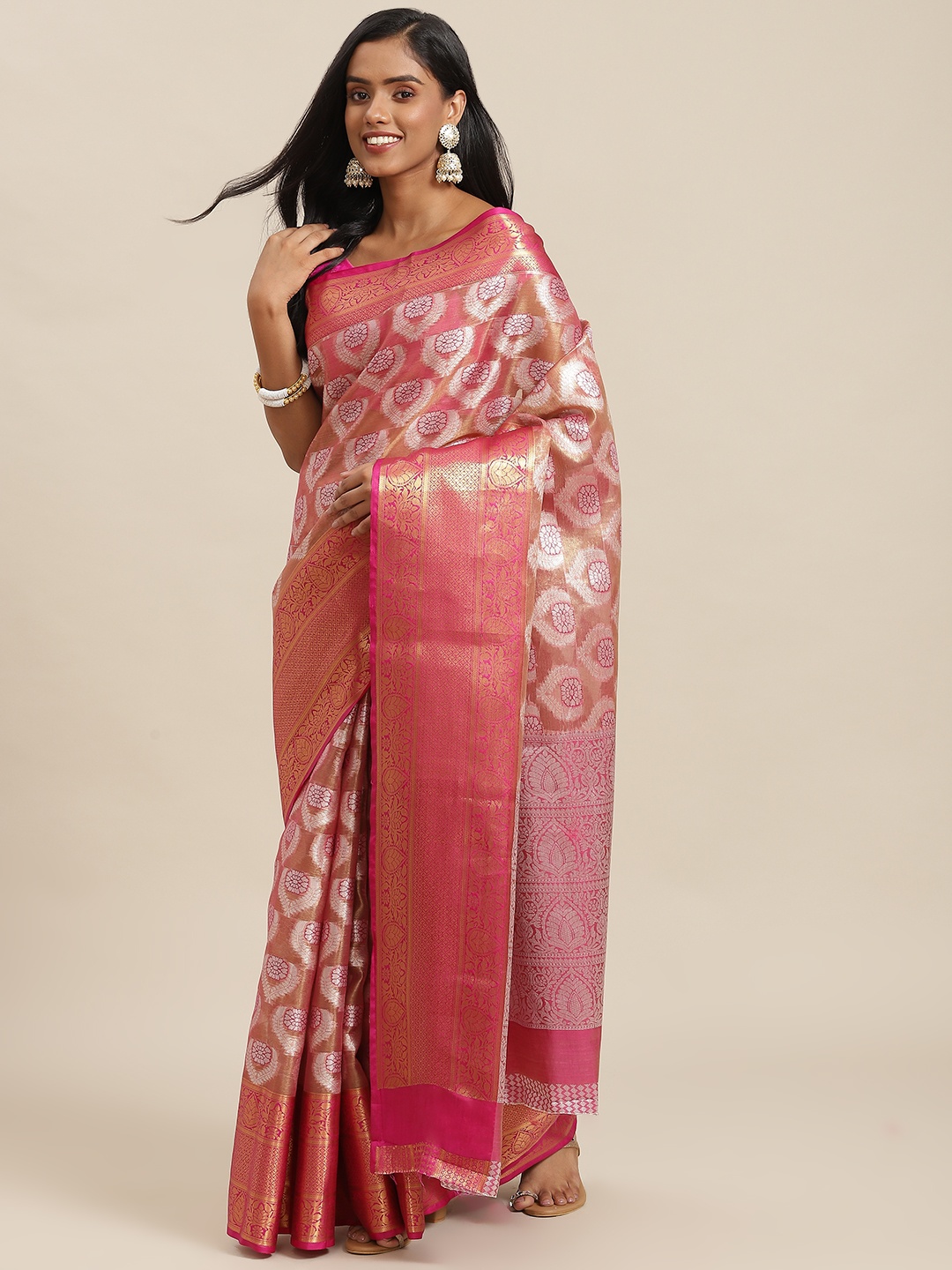 

SHOPGARB Off-White & Pink Ethnic Motifs Zari Woven Design Banarasi Saree