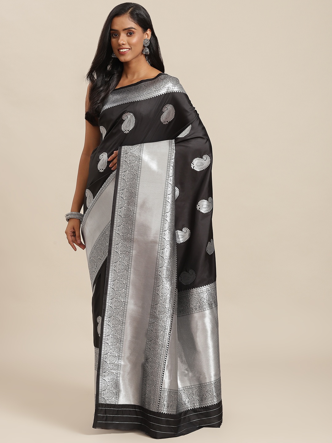 

SHOPGARB Black & Silver Ethnic Motifs Zari Woven Design Banarasi Saree