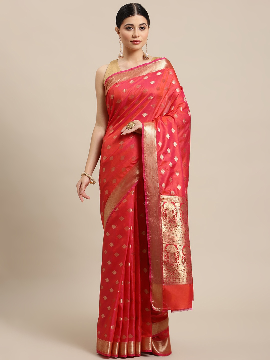 

SHOPGARB Pink & Orange Ethnic Motifs Zari Woven Design Banarasi Saree