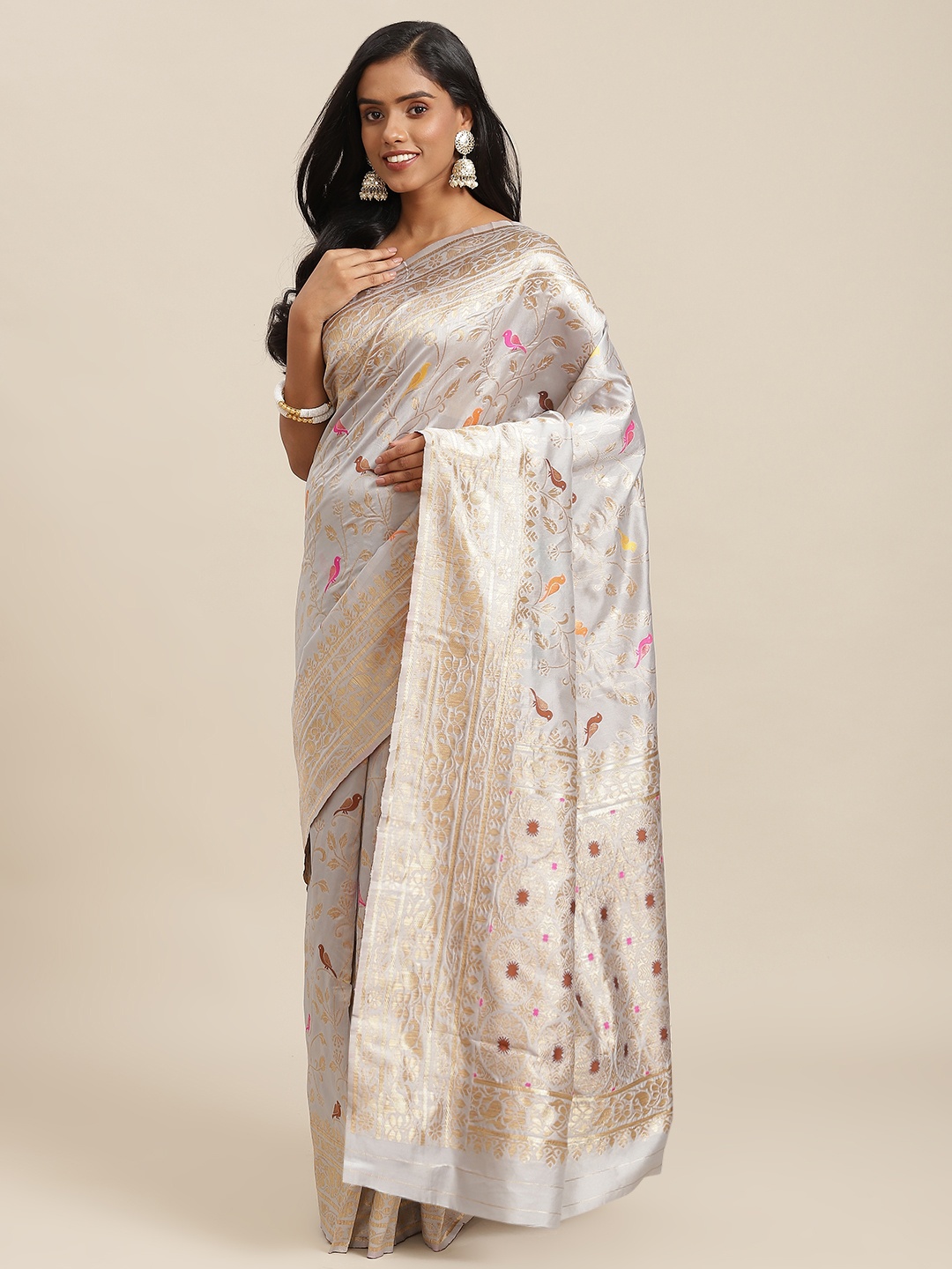 

SHOPGARB Grey & Golden Ethnic Motifs Zari Woven Design Banarasi Saree