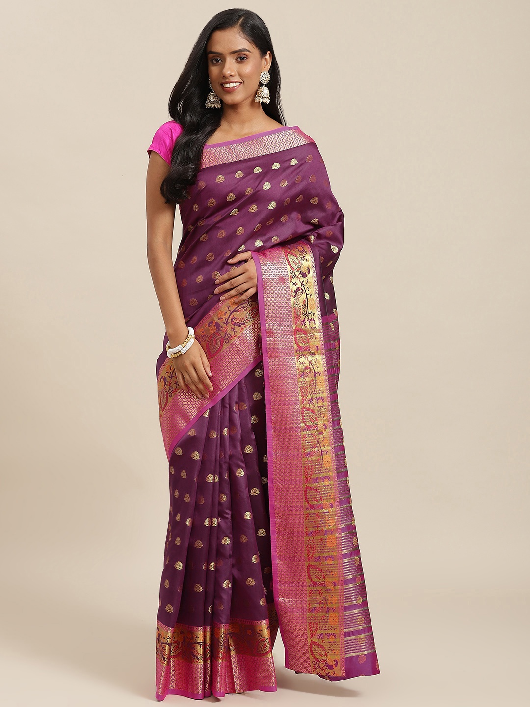 

SHOPGARB Purple & Pink Ethnic Motifs Zari Woven Design Banarasi Saree