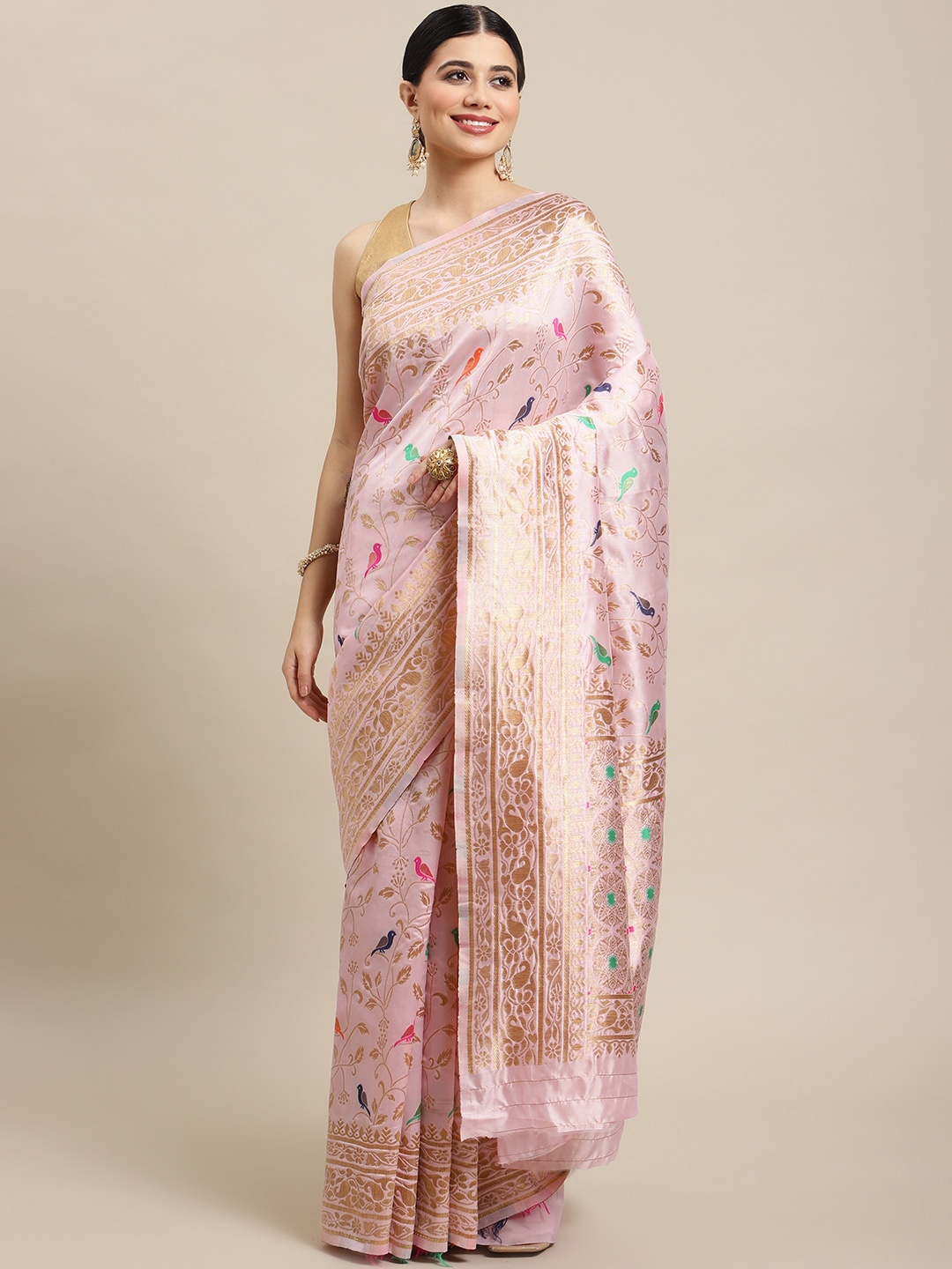 

SHOPGARB Pink & Golden Ethnic Motifs Zari Silk Blend Banarasi Saree