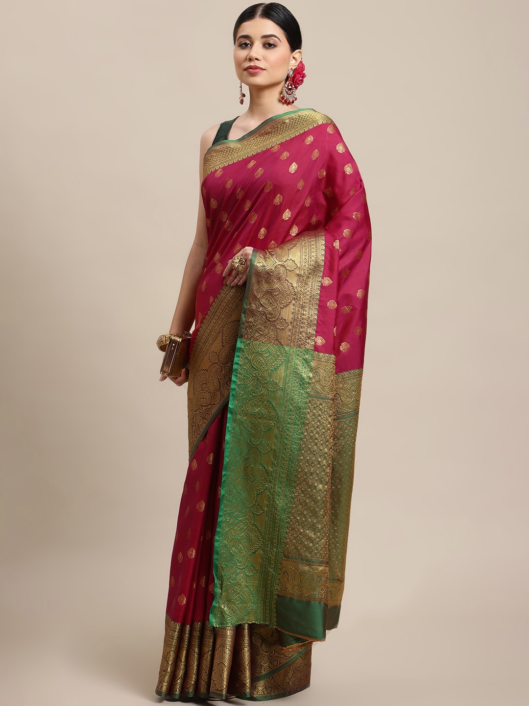 

SHOPGARB Fuchsia Pink & Golden Ethnic Motifs Zari Silk Blend Banarasi Saree