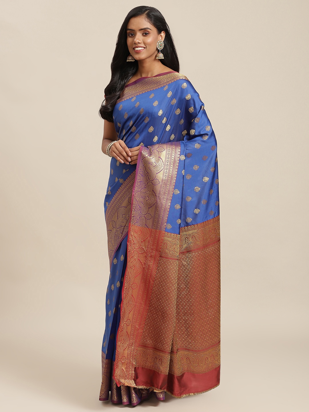 

SHOPGARB Blue & Maroon Ethnic Motifs Zari Woven Design Banarasi Saree