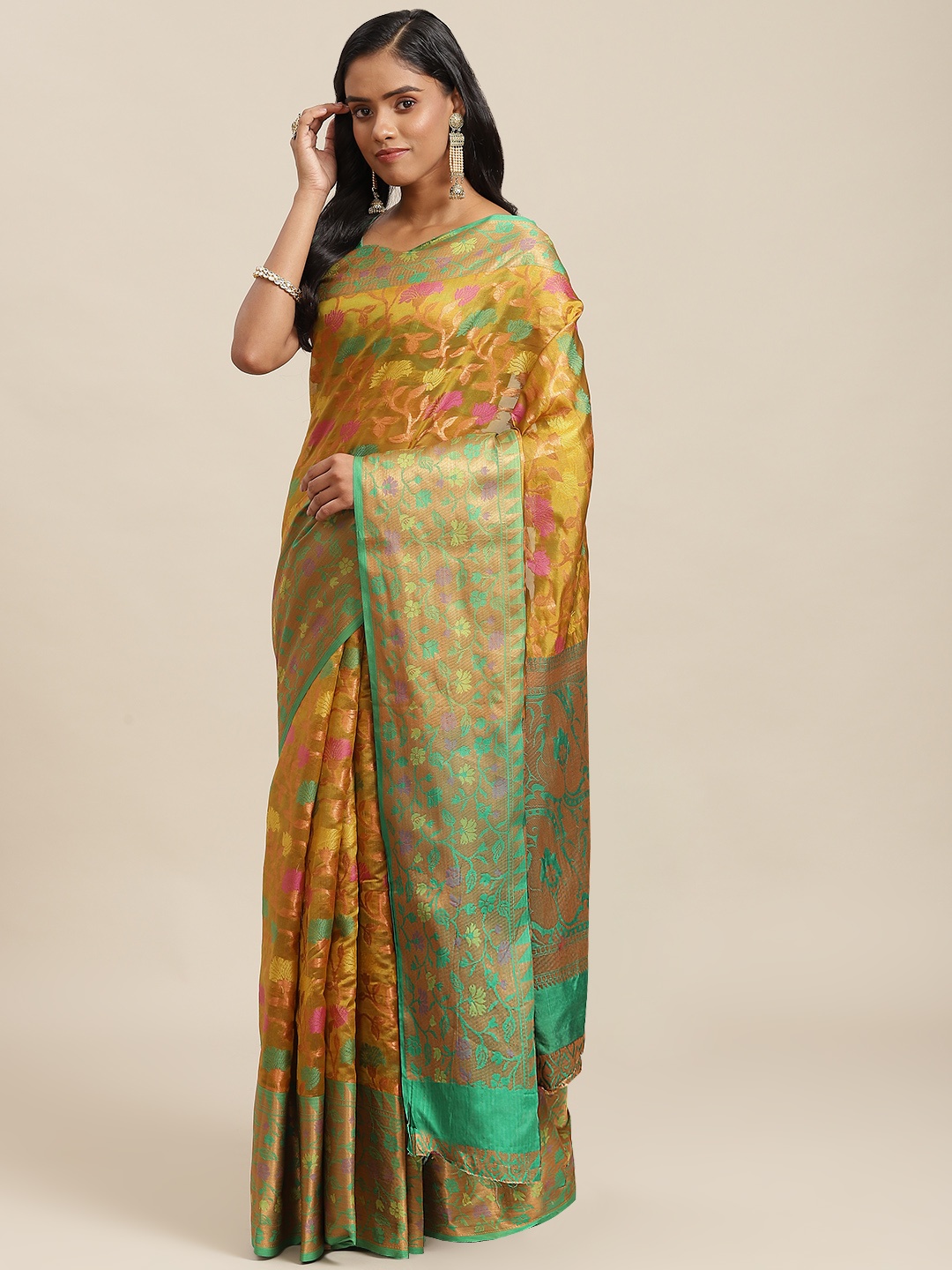 

SHOPGARB Mustard & Green Ethnic Motifs Zari Woven Design Banarasi Saree