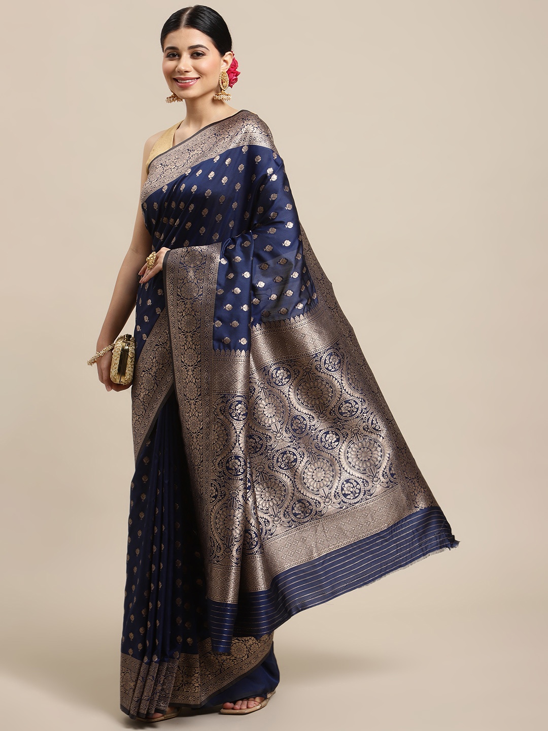 

SHOPGARB Navy Blue & Silver Ethnic Motifs Zari Woven Design Banarasi Saree