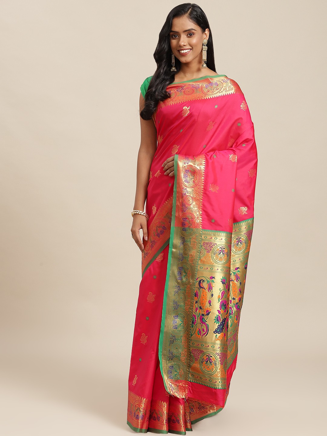 

SHOPGARB Pink & Green Ethnic Motifs Zari Woven Design Banarasi Saree