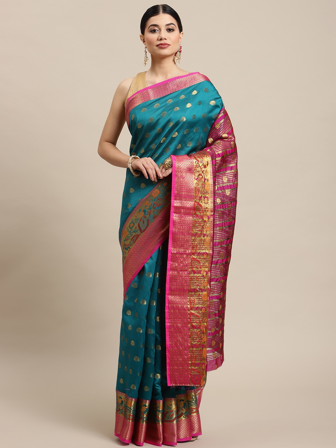 

SHOPGARB Turquoise Blue & Golden Ethnic Motifs Zari Silk Blend Banarasi Saree
