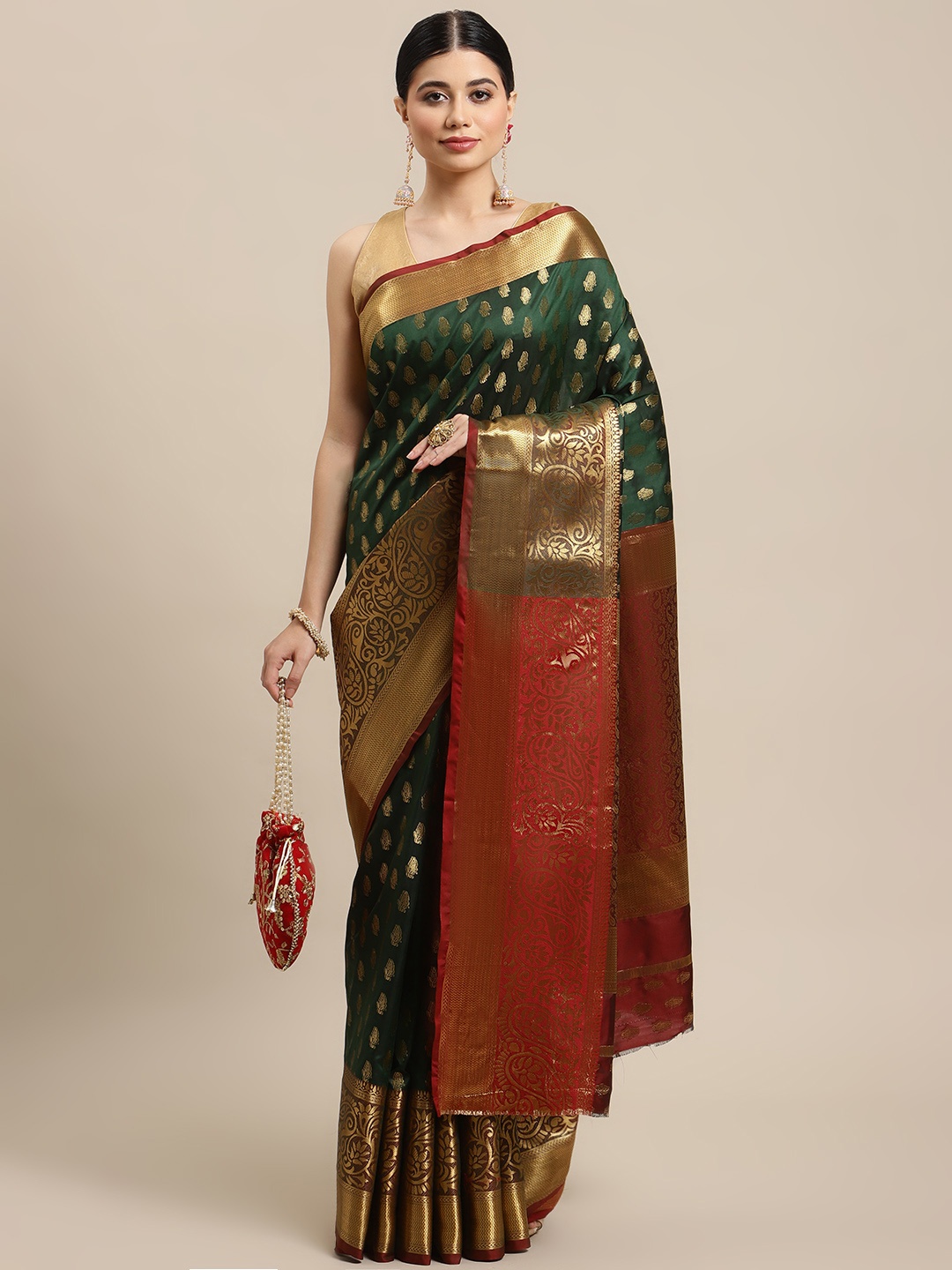 

SHOPGARB Green & Maroon Ethnic Motifs Zari Woven Design Banarasi Saree