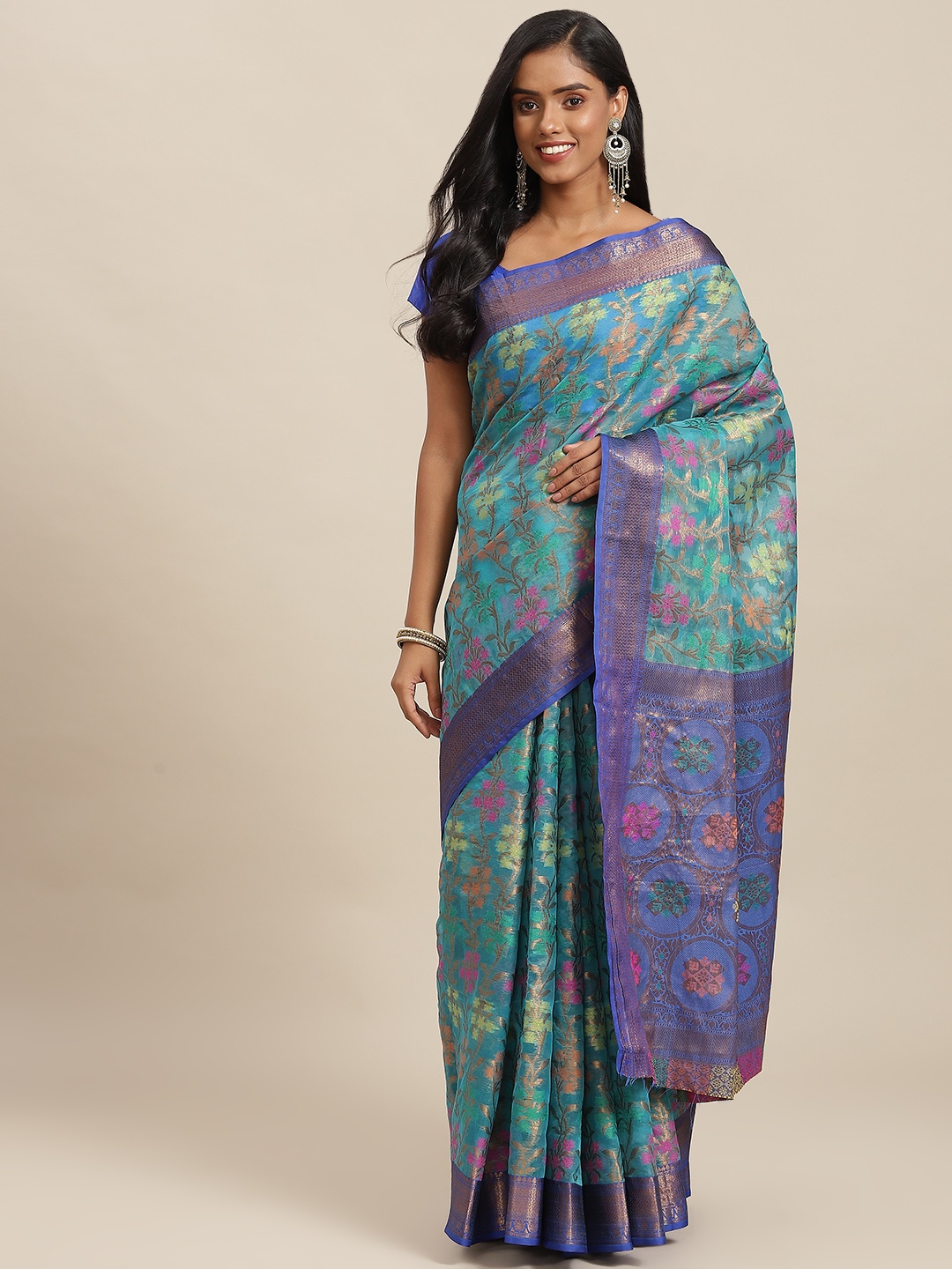 

SHOPGARB Blue & Pink Ethnic Motifs Zari Woven Design Banarasi Saree