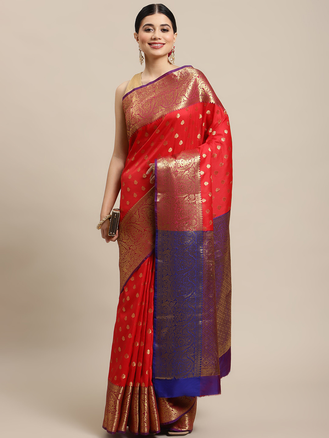 

SHOPGARB Red & Golden Ethnic Motifs Zari Silk Blend Banarasi Saree