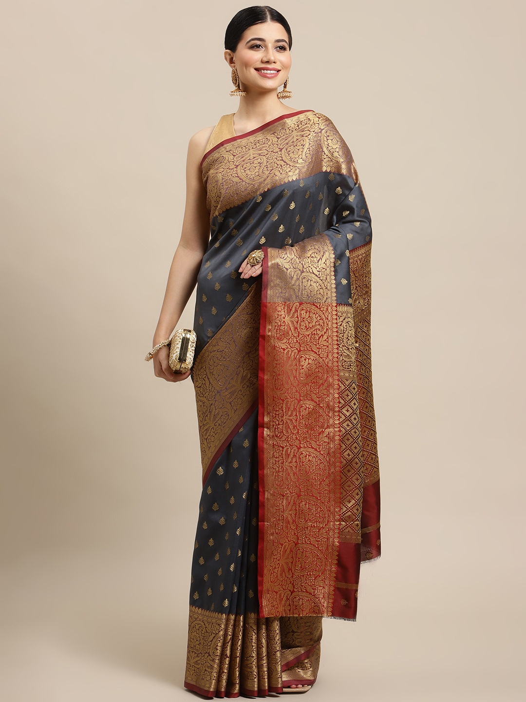 

SHOPGARB Grey & Golden Ethnic Motifs Zari Silk Blend Banarasi Saree