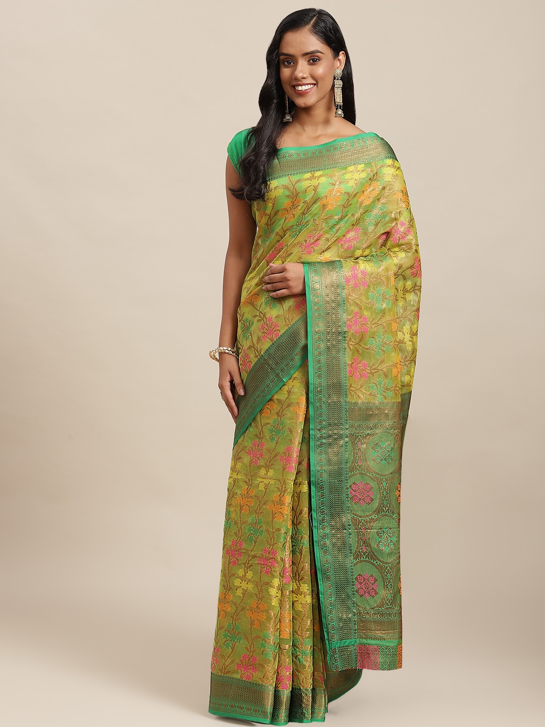 

SHOPGARB Yellow & Green Ethnic Motifs Zari Woven Design Banarasi Saree